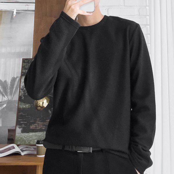 メンズ ソリッド リブ ラウンド 長袖 Tシャツ 5C-TSA-Q108-ブラック
