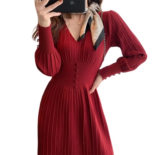秋冬シーズン女神レッドクリスマスミディアムウエストフレンチコートボトムニットワンピース