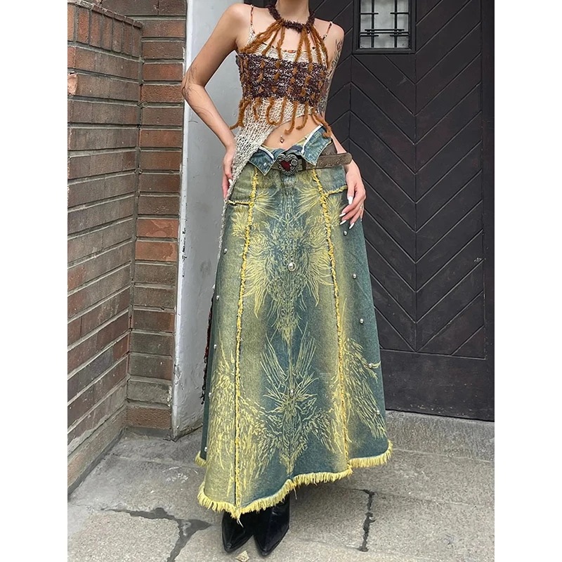 納期1~3週間程：女性用ブルーデニムスカート,ハーフボディ,グラデーション,ハイウエスト,タッセル,カジュアル,韓国の長さ,ヴィンテージバギースタイル