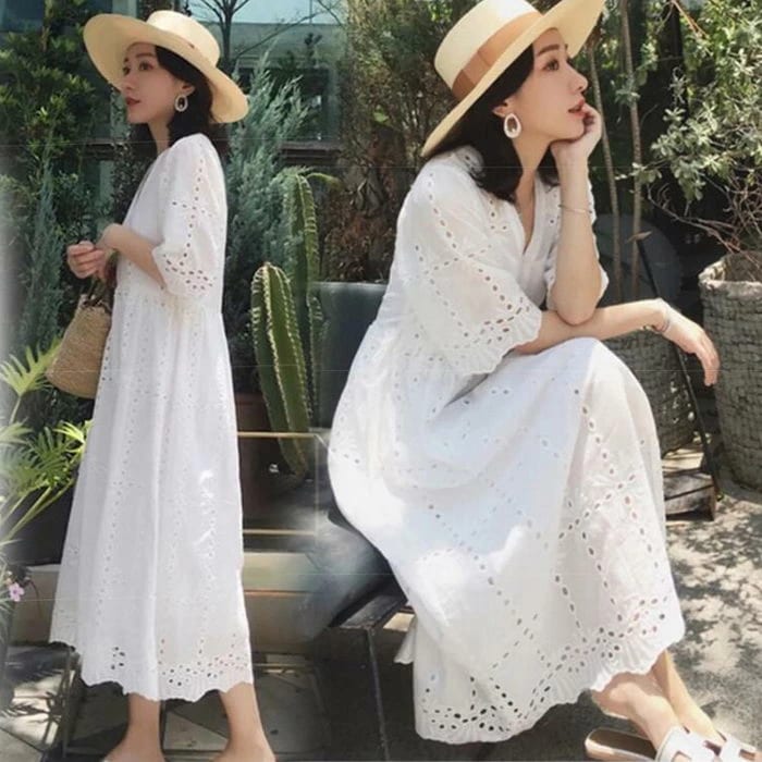 ワンピース レディース 40代マキシワンピース 春夏 五分袖ワンピース2点セット vネック 白レーススカート ゆったり 韓国風 オシャレ 着痩せ マタニティーワンピース 妊娠服