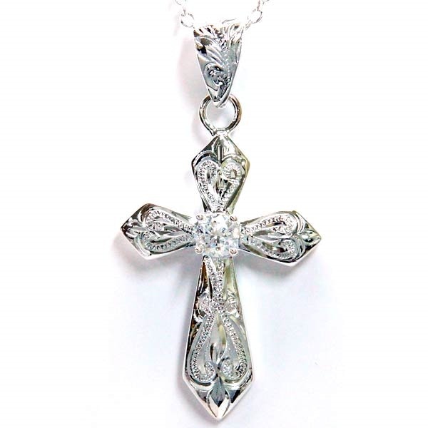 ハワイアンジュエリー ペンダント ネックレス クロス 十字架 スクロール 波模様 クリアジルコニア メンズ シルバー925