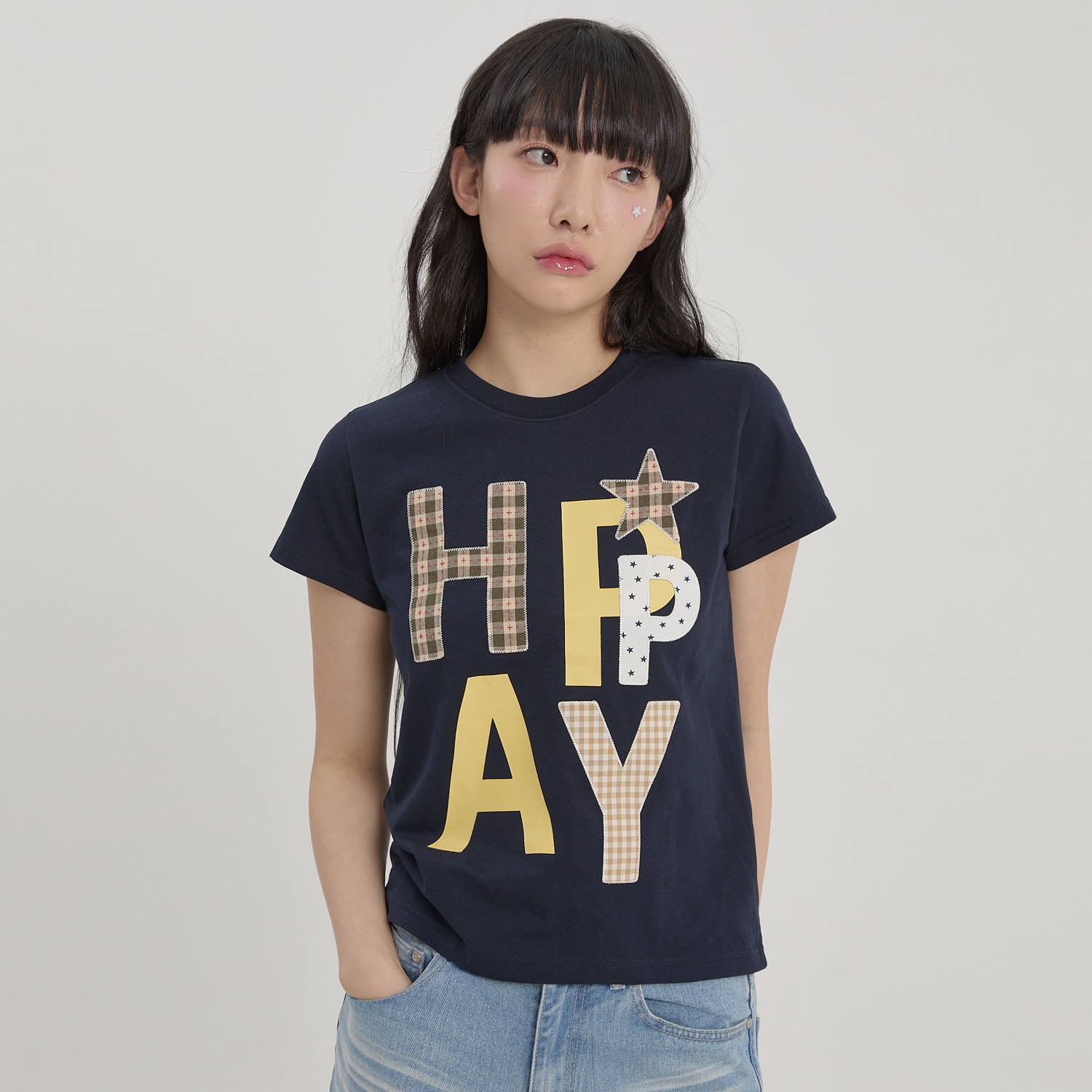 HAPPY Patchwork Half sleeve T-shirt NAVY