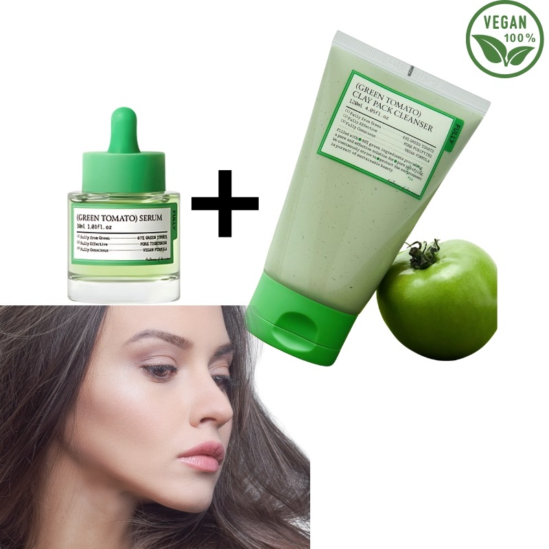 グリーントマト セラム 30ml + ビーガン グリーントマト クレイパック クレンザー 120ml セット韓国コスメ セラム クレイセット ビーガン毛穴ケアトマトエキス配合美容液 韓国自然派化粧品