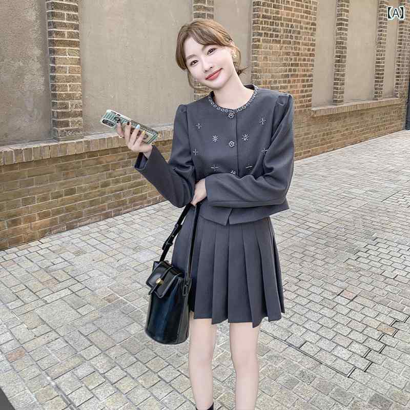 レディース セットアップ ツーピース 高級感 ビーズ スーツ 秋 カレッジ風 ジャケット クラシック プリーツスカート 2点セット 11,124円