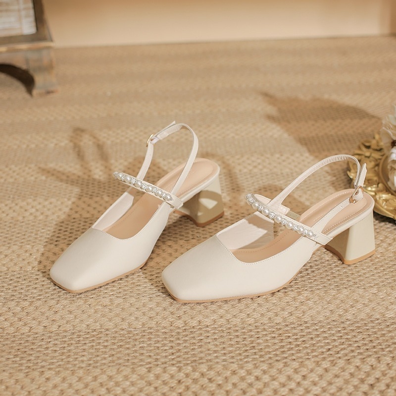 【最安値挑戦】年新型正方形ドリルハイヒール女性太ヒール一文字パールボタン付きフランス小香単靴 品質良い