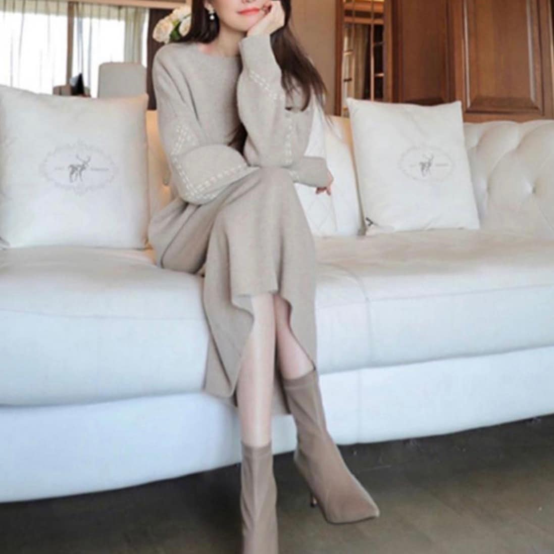 レディース スカート トップス ボトムス ニット セーター セットアップ タイトスカート ニットスカート 膝丈 膝下 長袖 Uネック ラウンドネック タイト スリム 細身 スマート フェミニン