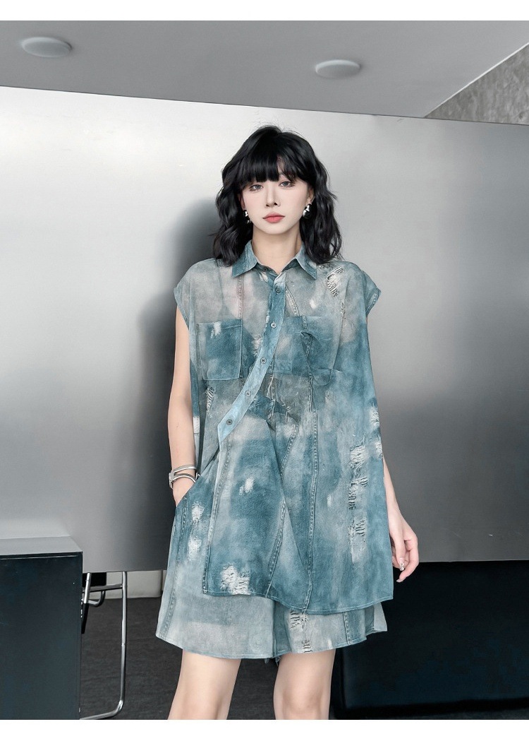 激安セール 今どきデニム2点セット グラデーションカラーのノンシンメトリーTシャツ風シャツ＋コンフォータブルショートパンツ 週末のお出かけに