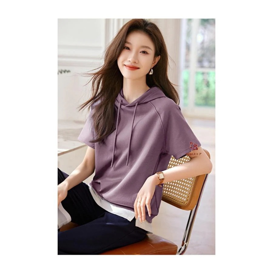 半袖 パーカー レディース フード付き シャツ Tシャツ クルーネック プルオーバー 夏 半袖パーカー カジュアル トップス シンプル 大きいサイズ 大きいサイズ 無