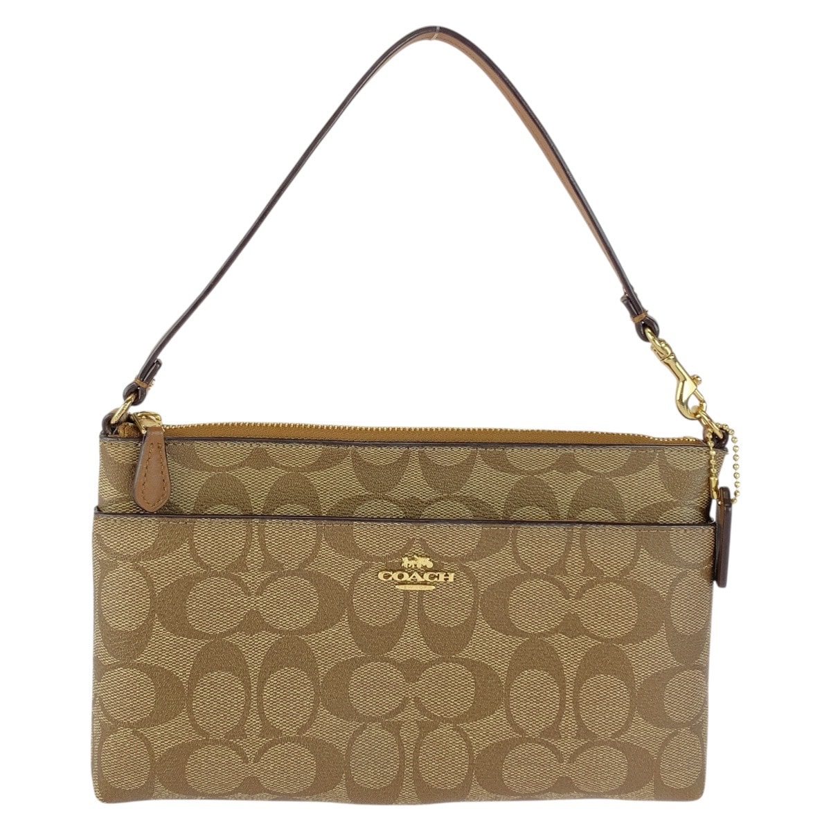 超美品 シグネチャー ベージュ ブラウン ゴールド金具 PVC F1832 ハンドバッグ アクセサリーポーチ レディース 505000