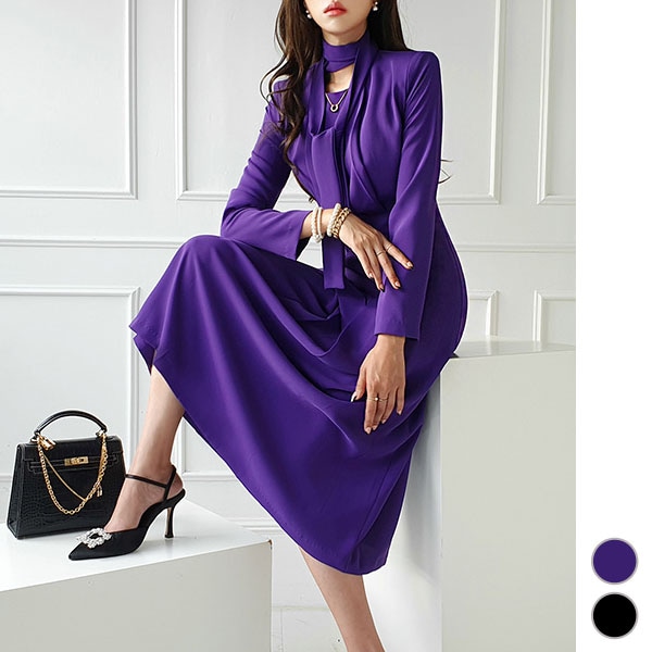 ワンピース レディース 長袖 フレア ボウタイ タイ ロング丈 マキシ丈 Aライン ミモレ丈 上品 きれいめ お呼ばれ 春 秋 30代 40代 50代 韓国 to24990