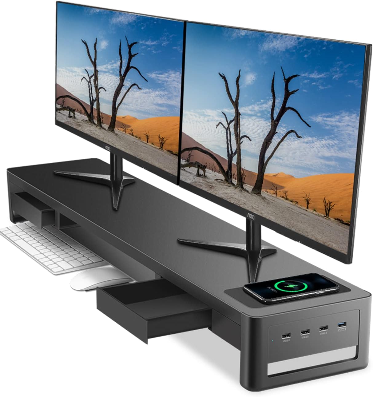 幅100cm スチール製 デュアルモニター台 引き出し付き USB3.0/2.0 データ転送 スマホ置き場