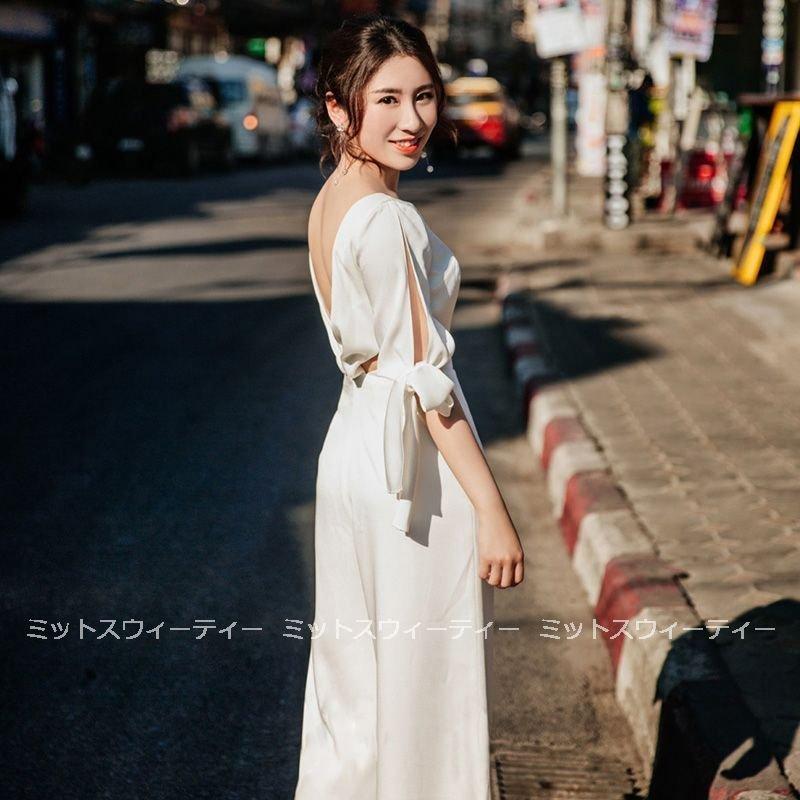 韓国ファッション披露宴 ワイドパンツ ロングドレス 白 オールインワン 現代風挙式 ブライダル ウエディングドレス パーティードレス 花嫁 結婚式 二次会 袖あり 大きいサイズ