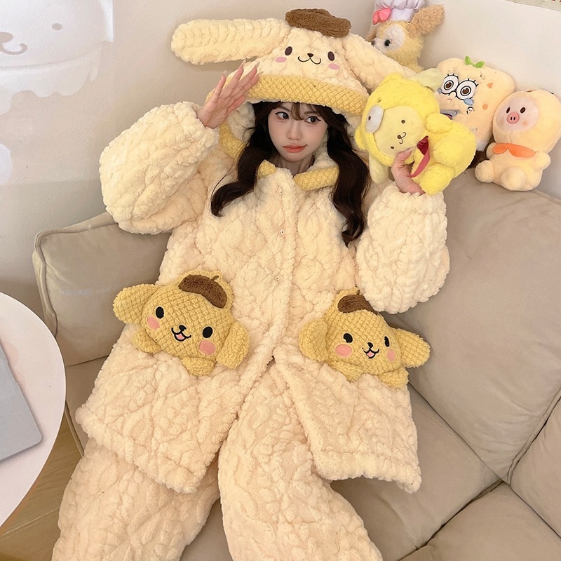 パジャマ女性冬の3層綿挟み厚手サンゴ絨毯加絨毯保温プリン犬長スリーパー秋冬部屋着