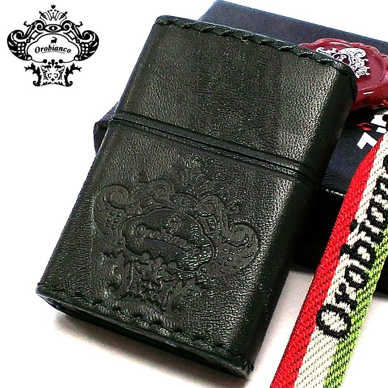ZIPPO おしゃれ オロビアンコ ダメージグリーン ジッポ ライター ブランド 本牛革巻き かっこいい Orobinco レザー 皮 型押し ロゴ 渋い イタリア ギフト ミラノ プレゼント
