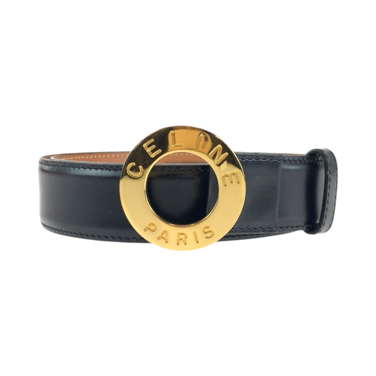美品 ヴィンテージ サークルロゴ ブラック 黒 ゴールド金具 レザー ベルト バックル レディース 410529