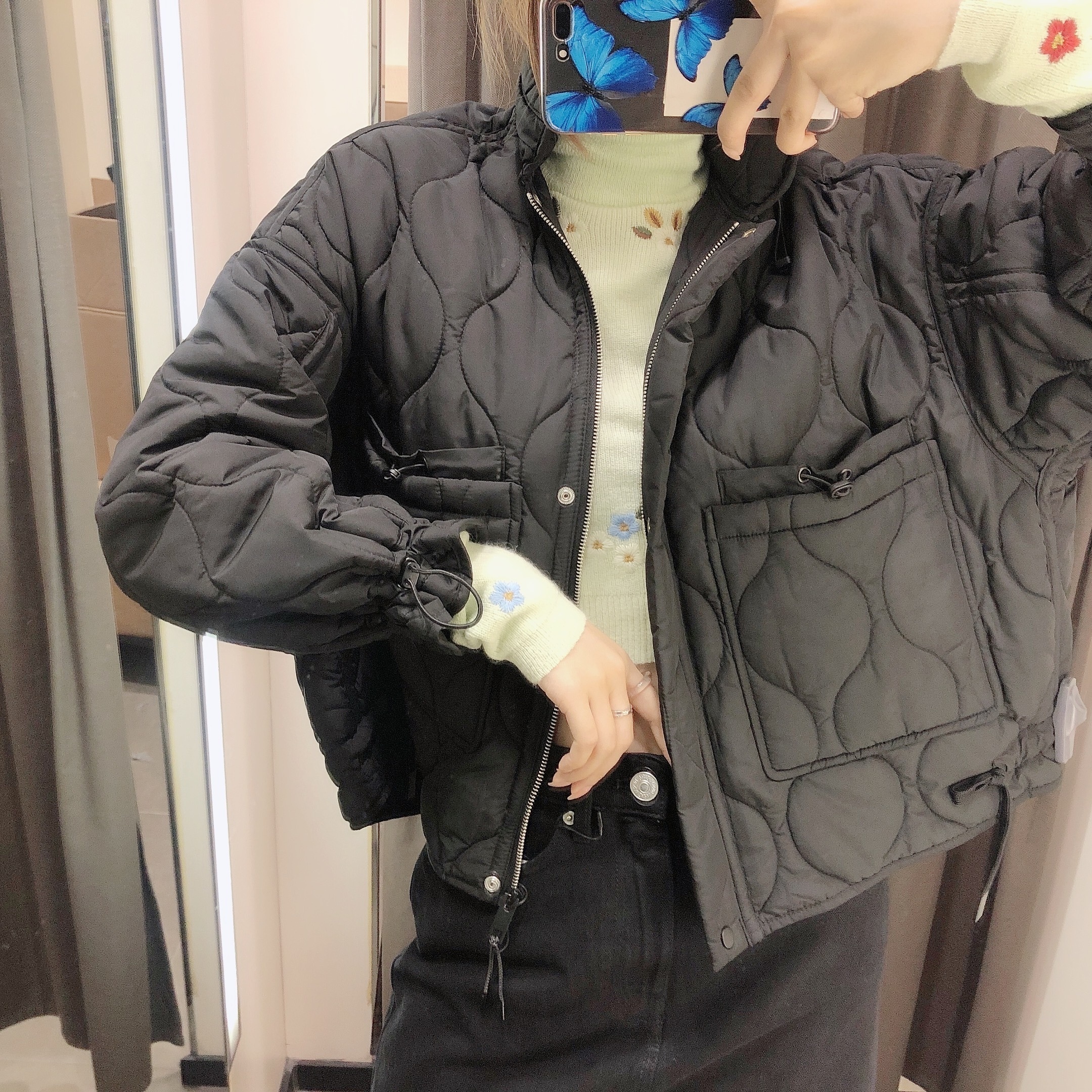 2色 アウター ブルゾン レディース 秋冬 かわいい 暖かい ショート丈 長袖 スタンドカラー スリム 細身 スマート ファスナー ポケット 前開き 黒 ブラック カーキ 大人カラー XS S M L