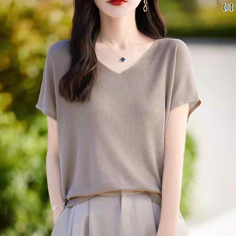 レディース ファッション トップス シンプル おしゃれ レディース ファッション トップス 夏新 100 半袖 Tシャツ Vネック ニット 半袖 スリム