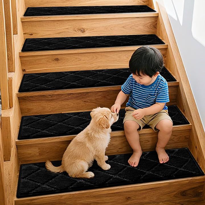 BOBO 洗える吸着階段マット タフティングマット 滑り止め 階段保護マット 厚さ12.5mm カーペット すべり止め 防滑 保温 防音 洗濯機丸洗い可能 (ブラック, 76x20cm)