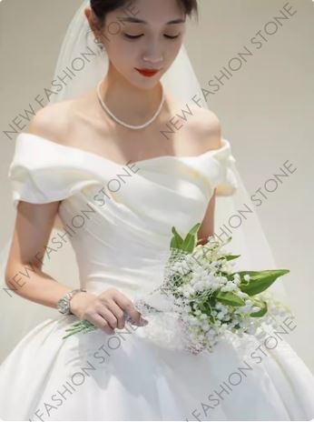 ウェディングドレス2024新型高級質感フレンチワンショルダーウェディングドレス-54