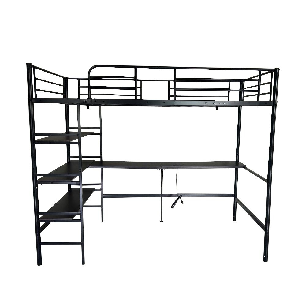 【国内出荷 - 3日配達】ロフトベッド シングル パイプベッド 収納棚 デスク付き 北欧風 コンセント付き 収納 子供ベッド 耐震 ベッド パイプ 金属 はしご~373