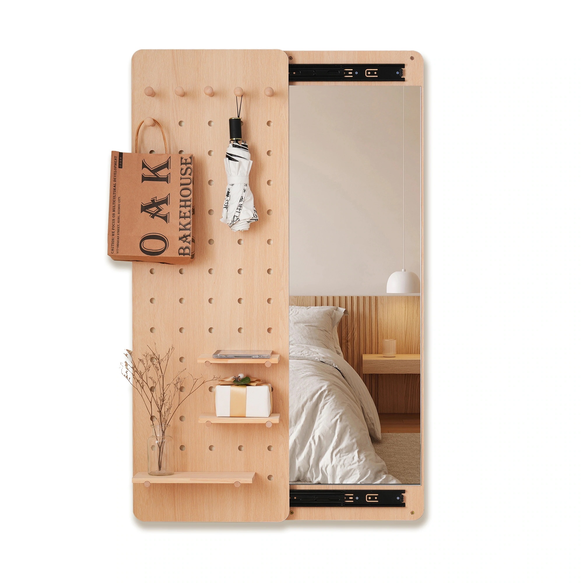 壁掛け鏡 玄関 寝室 姿見 全身鏡 おしゃれ 収納ボード付き 隠し鏡 有孔ボード ネイルボード飛散防止加工 木製収納 スライド隠し 極薄ロングミラー薄手 40×120cm