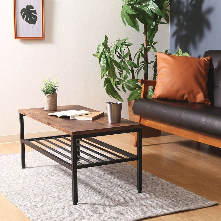 リビングテーブル おしゃれ 棚付き 西海岸 幅80×奥行40×高さ37cm ブラウン・ブラック