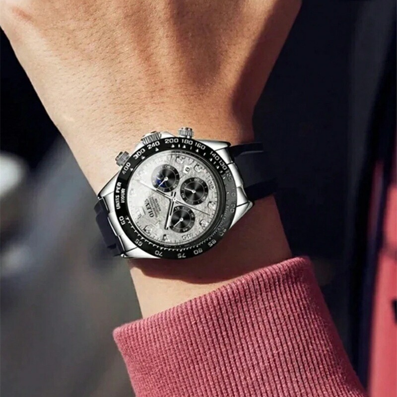 高級ファッション メンズウォッチ ムーンフェイズクロノグラフクォーツ腕時計スポーツ防水 夜光ビジネス メンズウォッチ+ボックスメンズギフト