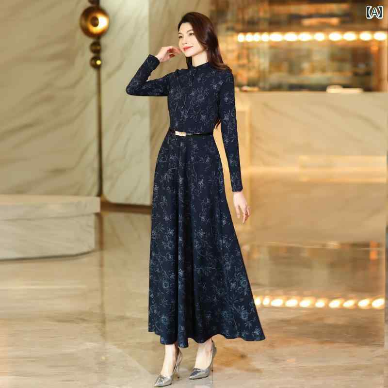 レディース　ドレス　ワンピース ネイビーブルー プリント ワンピース 女性 2025 新型 ファッション スリム ハイエンド 春秋 風 ロング スカート