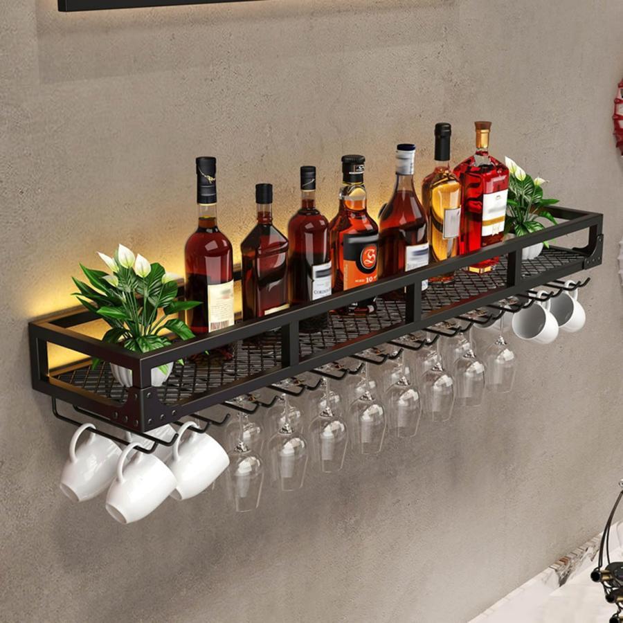 ワインラック 壁掛け式 金属ラック 大容量 ワイングラス収納ラック バーボトルラック 鉄製 吊り下げワインボトルとグラスの保管ラックホームバーのワインボ