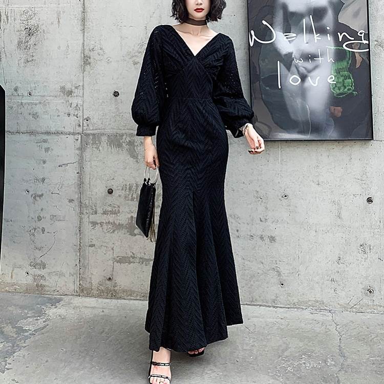 ドレス レディース パーティードレス フォーマルドレス カジュアルドレス ドレスワンピース ロング マーメイドライン 袖あり 長袖 ビショップスリーブ ランタンスリーブ Vネック ラフ ゆるやか フェ