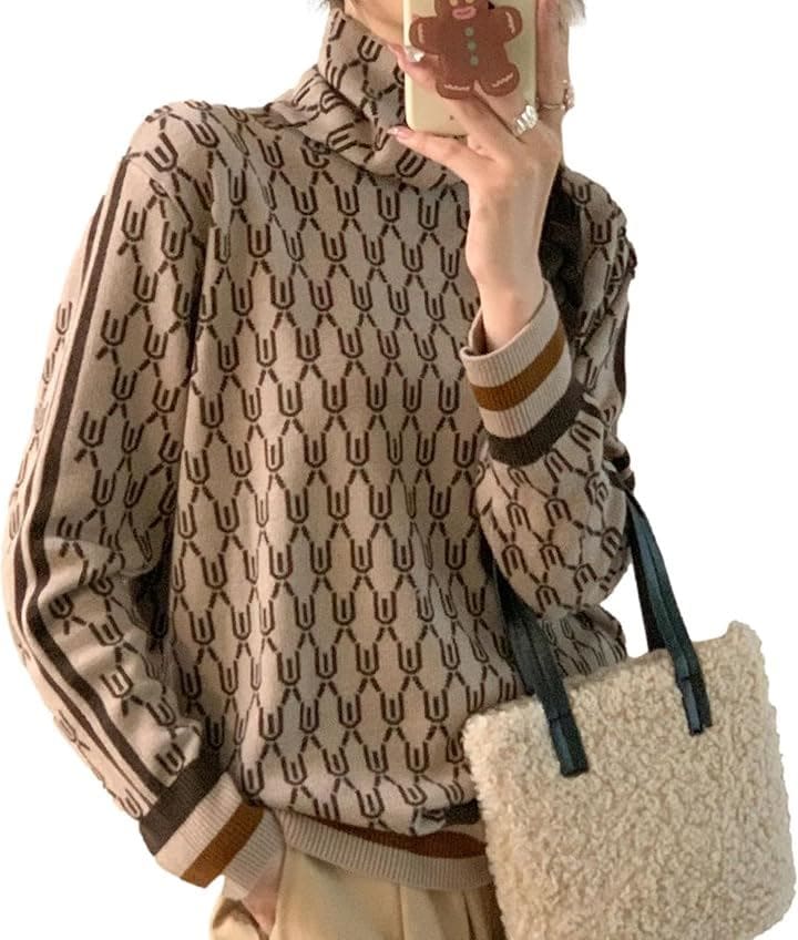 ニット レディース 幾何学柄 ハイネック セーター 長袖 ドロップショルダー プルオーバー ライン お洒落 エレガンス おしゃれ着 10部袖 リラックス 柄物 普段着(ベージュ, L)