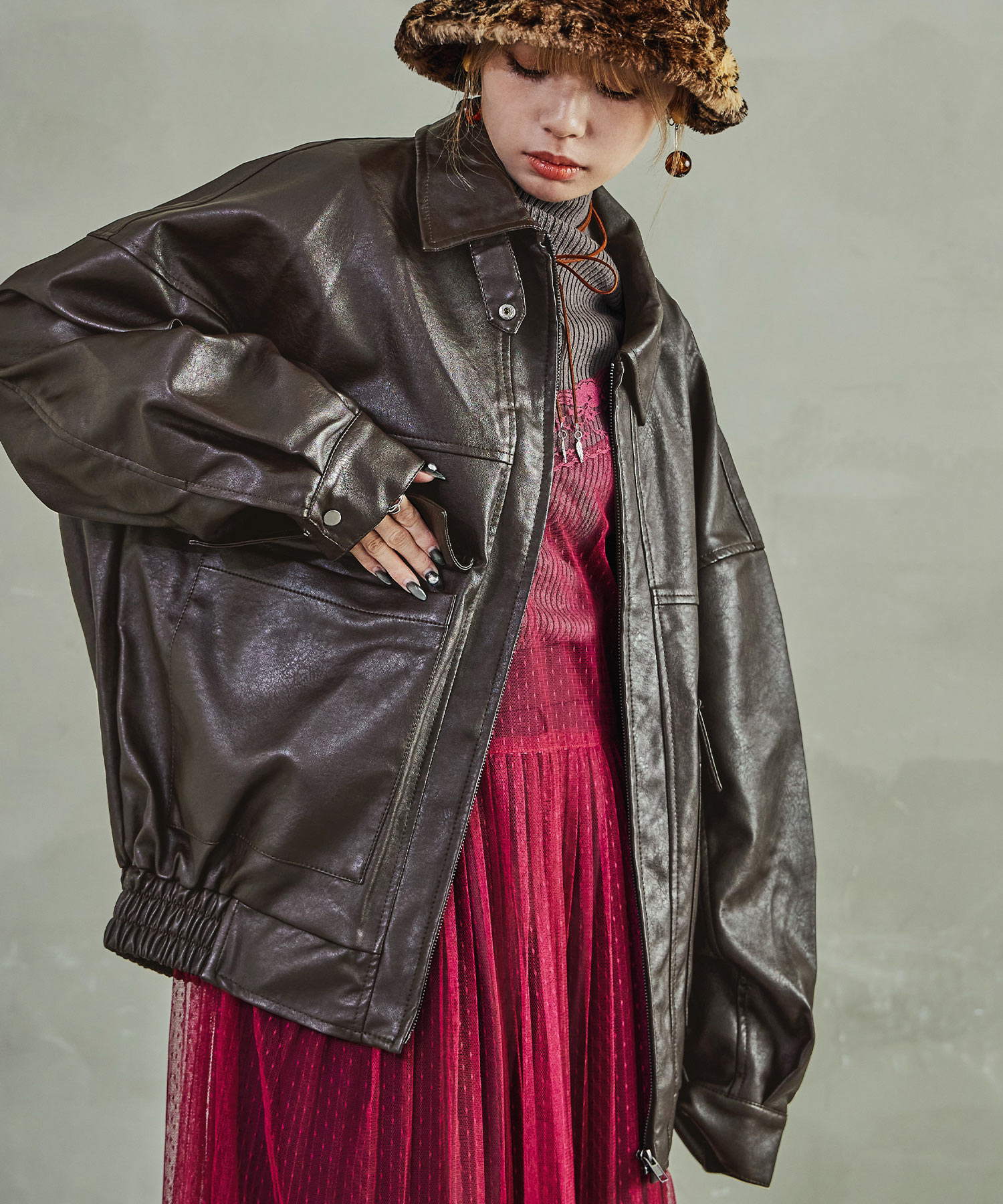 オーバーサイズ 2wayカラー フェイクレザーブルゾン ライダースジャケット 合成皮革 合皮 大きいサイズ ゆったり コート ブルゾン ジャンバー アウター ジャケット レディース ユニセックス