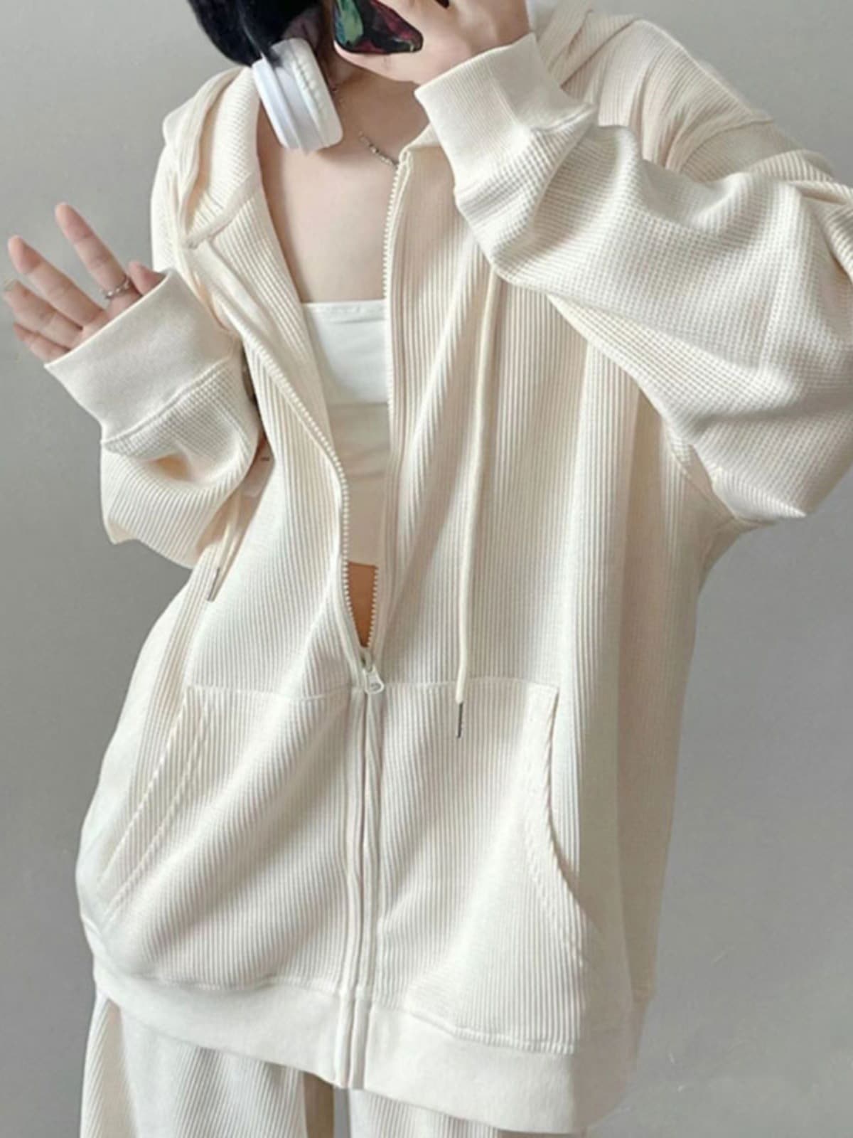 レディース ワッフル フード付き スウェットシャツオーバーサイズゆったりフィット薄手のジップアップ カーディガン冬用フリース裏地付きで厚手