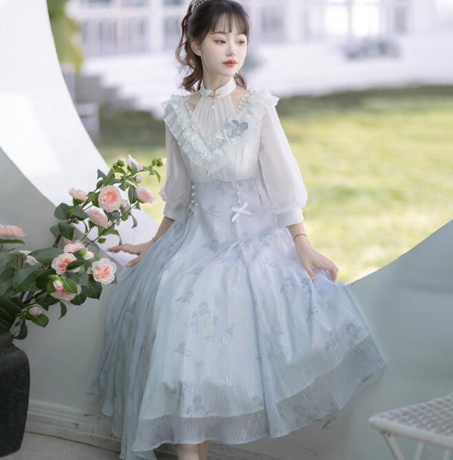 レトロ ワンピース 七分袖 ロリータ ワンピース Vネック アメリカンスリーブ チャイナカラー 優雅 お姫様 ワンピース 裾フリル 可愛い レトロ ゴスロリ ロリータ ドレス ロング ミモレ丈 ハイウ