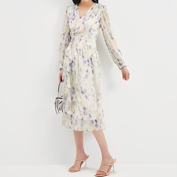 早い者勝ち！ 人気爆発シフォン ワンピース レディース フラワープリント ドレープ 春夏 長袖 ワンピース 上品 きれいめ フォーマル カジュアル お呼ばれ 通勤 旅行 女子会 お出かけ 母の日 プレ