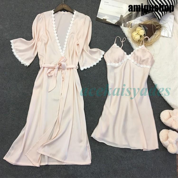 レディース ナイトガウン パジャマ　秋 2点セット　ワンピース　ガウン　レディース　ネグリジェ　ルームウェア　フェイク絹　おしゃれ 部屋着　大きいサイズ 5,002円