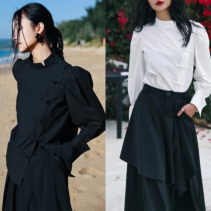 チャイナ服 普段着 チャイナ風シャツ レディース レトロトップス ブラウス オリジナル 黒/白 7,110円