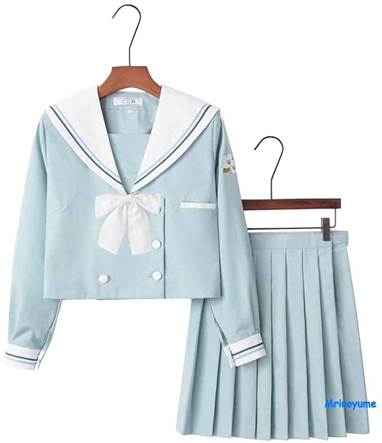 セーラー服 コスプレ 長袖 半袖 学生服 白い襟 水色 花刺繡 梨の花 ボタン式 未来ノ