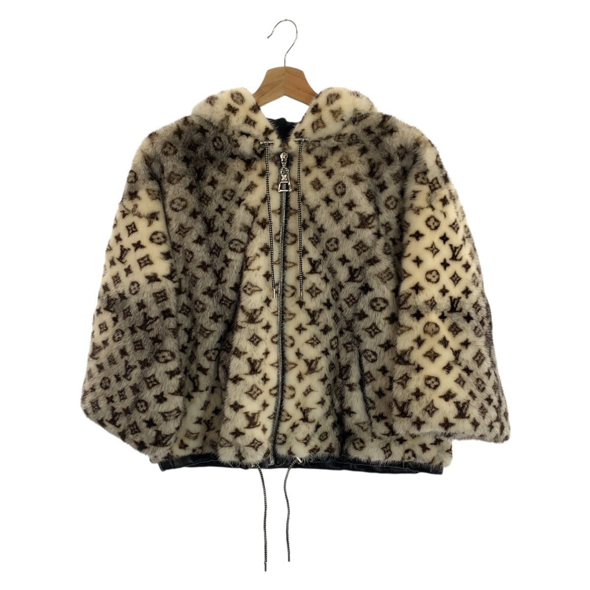 超美品 モノグラム ファー サイズ34 ブラウン オフホワイト シルバー金具 ミンク/レーヨン 1AABOZ ミンクジャケット パーカー ファー ミンクコート レディース 601252