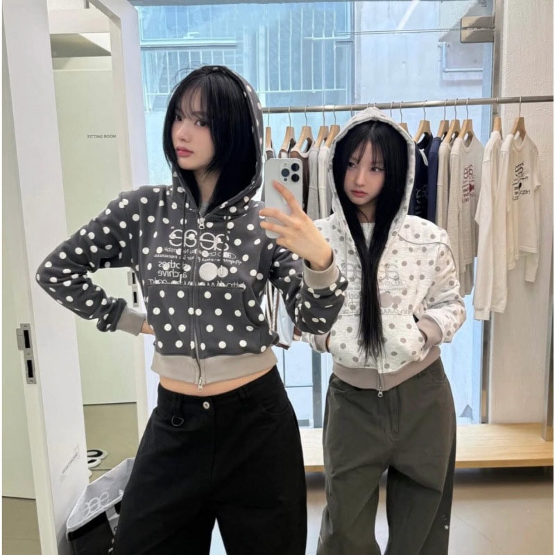 秋冬モデル スパイシーガール風 フィットテーラード クロップド ドット柄 アルファベット刺繍 アウター WEB LOGO CROP HOOD ZIP UP レディース メンズ