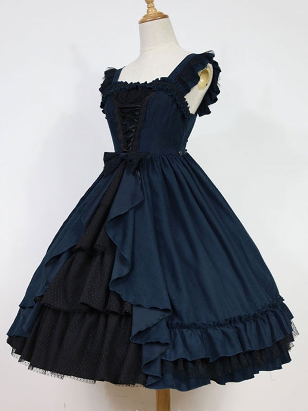 【短納期】ロリィタジャンパースカート　ゴシック　2カラーブロック　スクエアネック　ポリエステル　お茶会