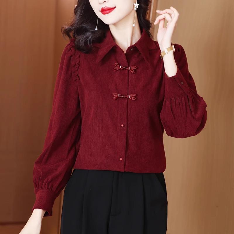 シャツ ブラウス コーデュロイシャツ チャイナ風 長袖 厚手 春秋 フェミニン エレガント 上品 アーバン ノーブル オフィス ビジネス 学校行事 万能コーデ レディース 婦人服 トップス