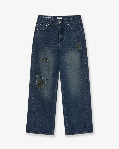 【AEAE】 CHECK PATCHWORK DENIM PANTS [ASH BLUE] 正規品
