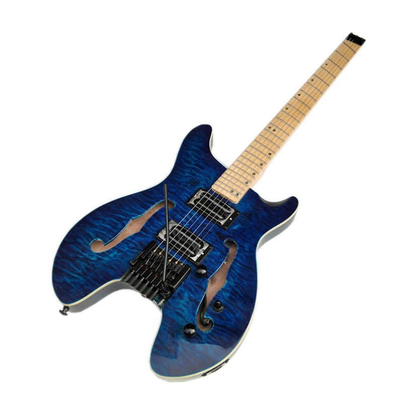 ファンフレットセミホロー6弦ヘッドレスエレキギター,ダブルトラック,ピックアップ,キルティング,マホガニーボディBJ-651