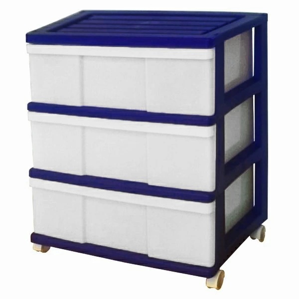 完成品 ワイド 収納ケース プラスチック 引き出し 3段 おしゃれ ロイヤルブルー キャスター付き