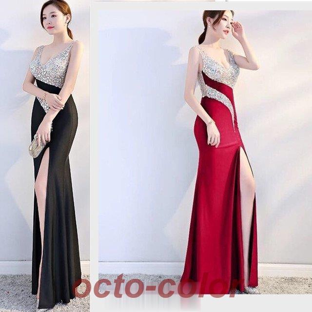 Vネック イブニングドレス スリット ノースリーブ ブラック ワイン赤 マーメイドドレス スリム 着痩せ パーティードレス 二次会 お呼ばれ30%までに制限