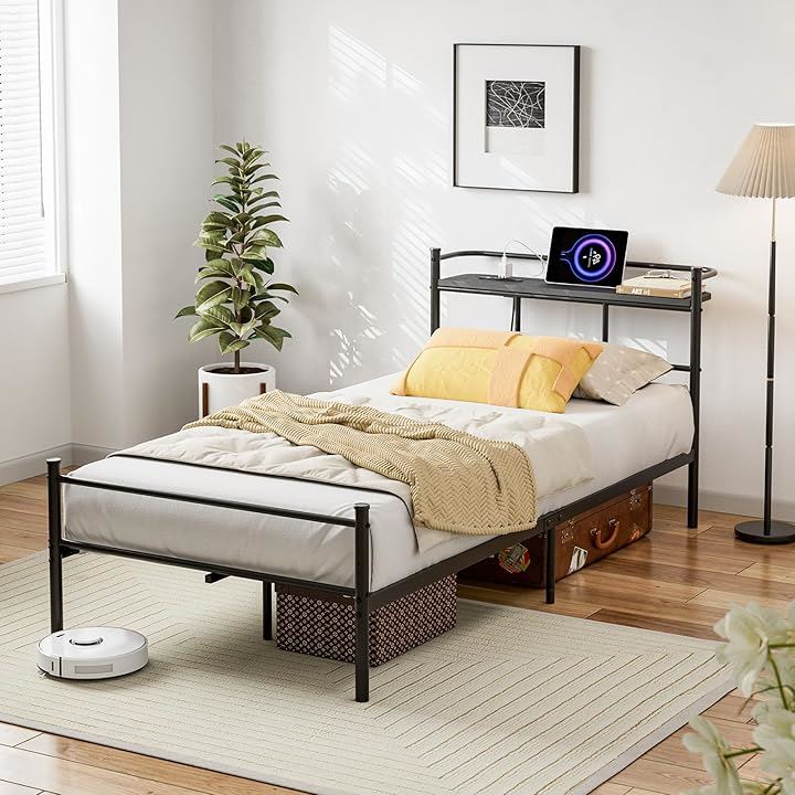 ベッドフレーム パイプベッド 2口コンセント＆USB充電付き シングルベッド スチールベッド 収納付きベッド 宮棚付き すのこベッド 2段階 高さ調整 カビ防止(ブラック, シングル)