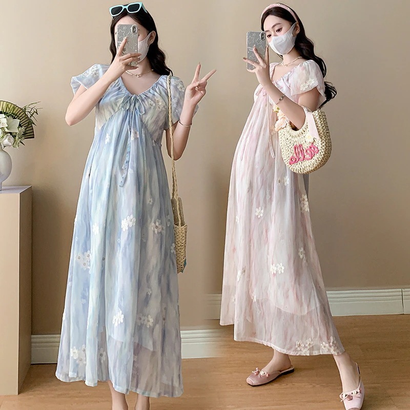 マタニティー25新作おしゃれな甘さのベルトVネック刺繍ゆったりサイズのマタニティーワンピース144498