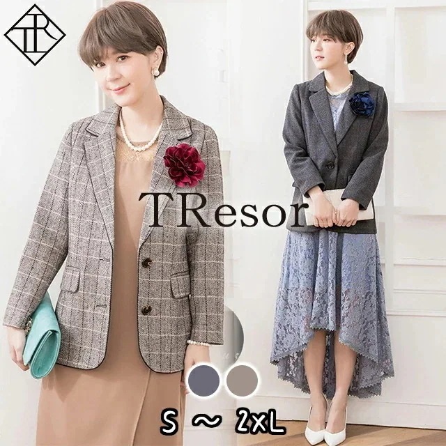 ジャケット レディース カジュアル 秋 長袖 ライトアウター 春アウター フォーマル 羽織 コート オフィス 大きいサイズ テーラードジャケット コサージュ付 パーティー お呼ばれ チェック柄 5,412円