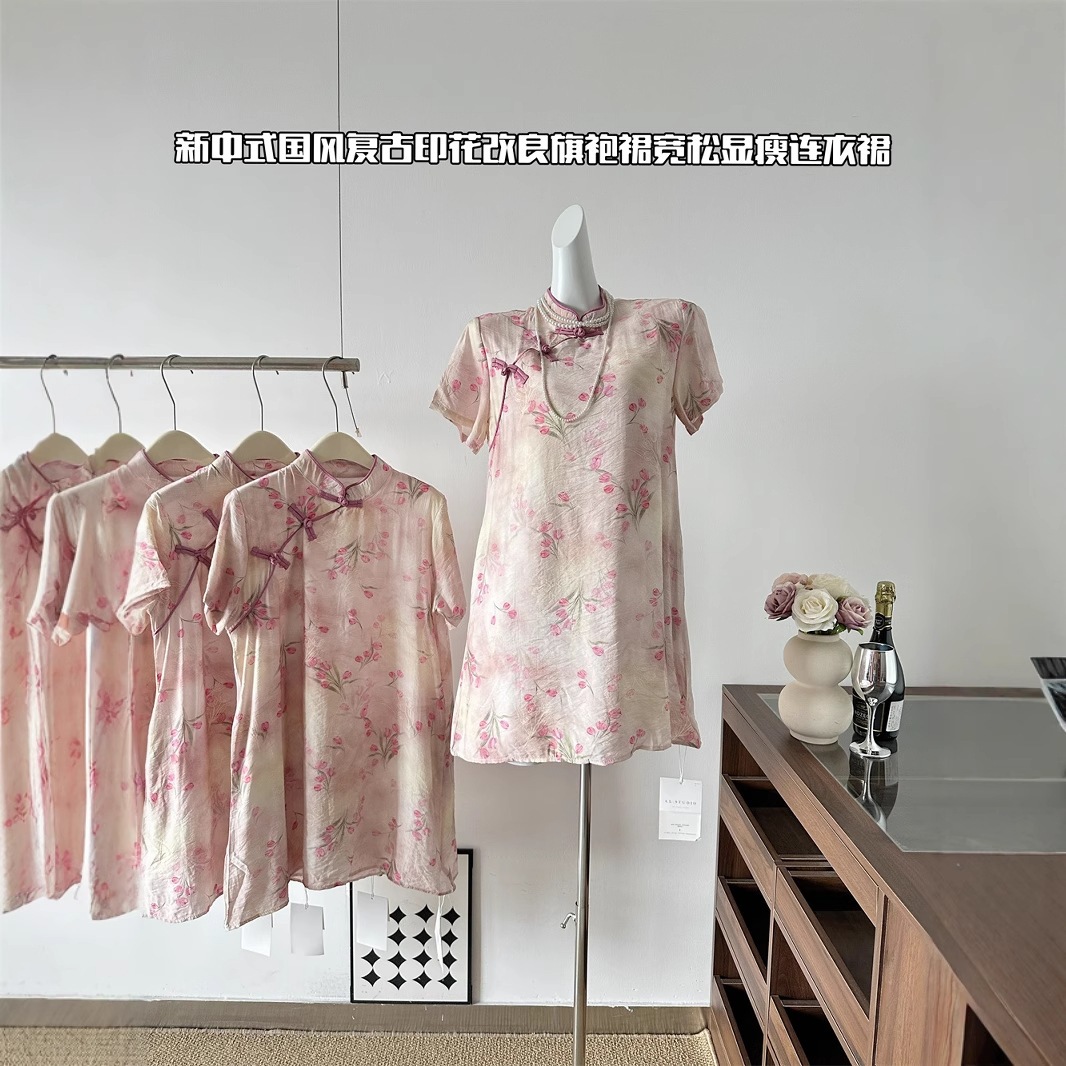 【急速出荷】新中式復古文芸ラウンドネックプリント改良チャイナドレスゆったり着やせワンピース